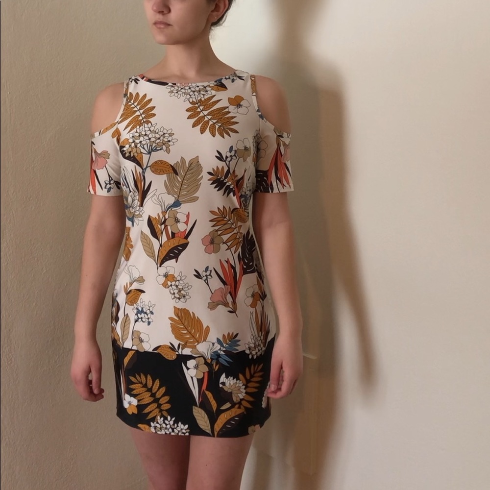 1960s inspired floral cold shoulder mod dress